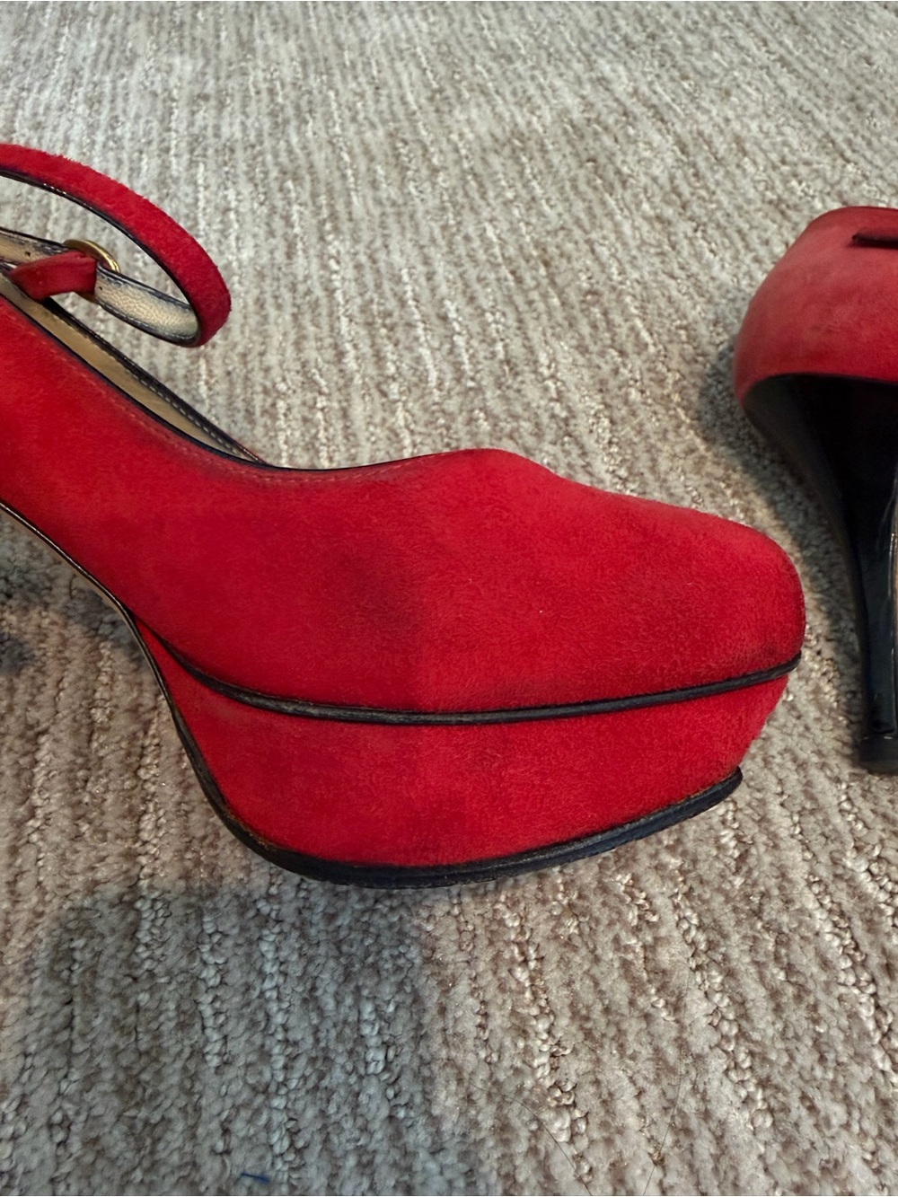 Saint Laurent Red Suede Mary Jane Peep-Toe Heels with Gold Buckle 37.5 - Picture 7 of 8